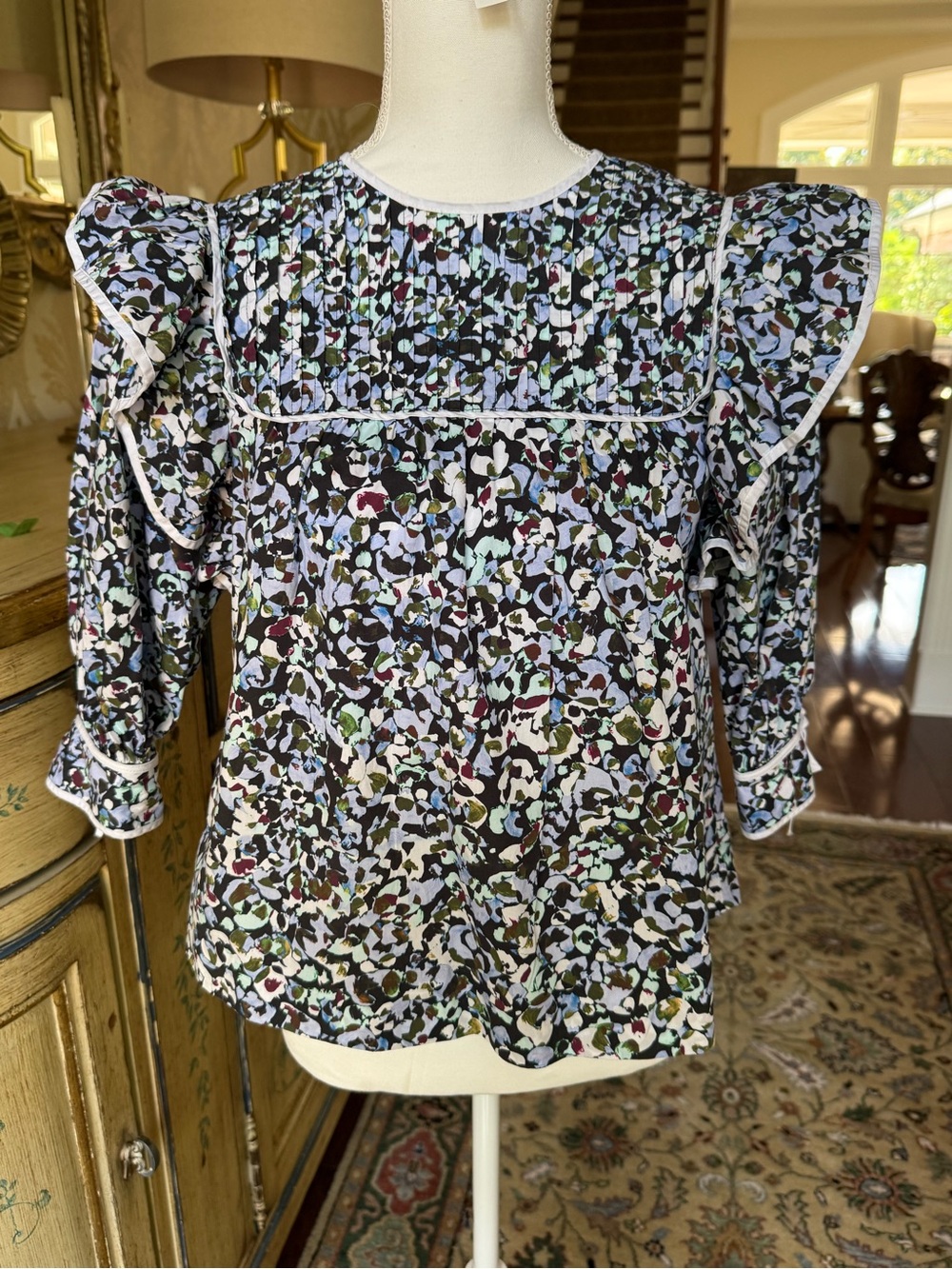 Floral Pintuck Ruffle Sleeve Top - Navy Multi
